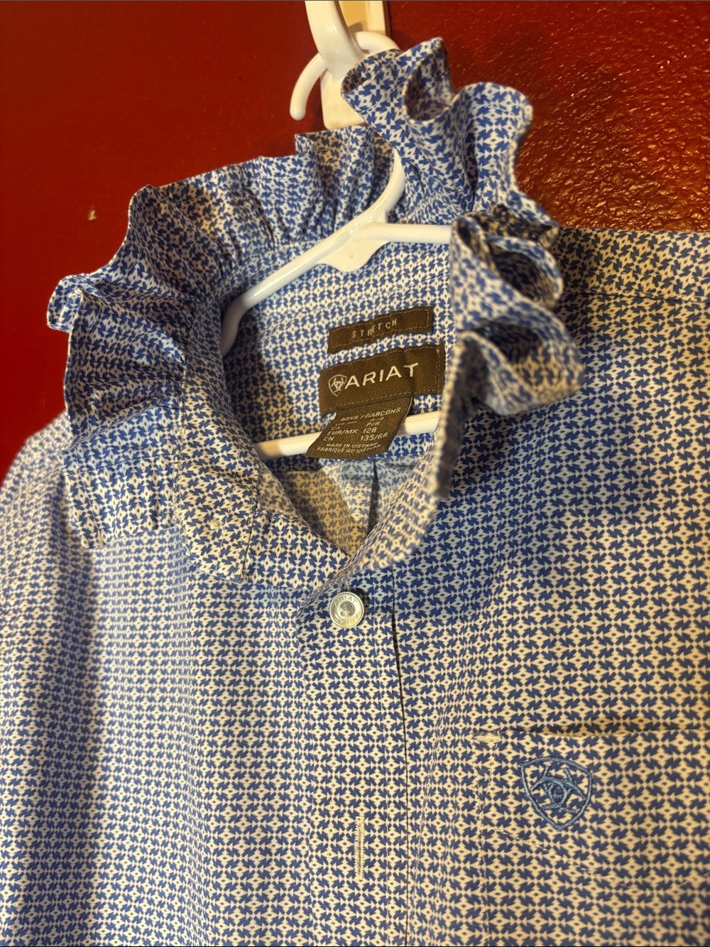 Upcycled Ariat Girls Blue Print Ruffle Collar Shirt